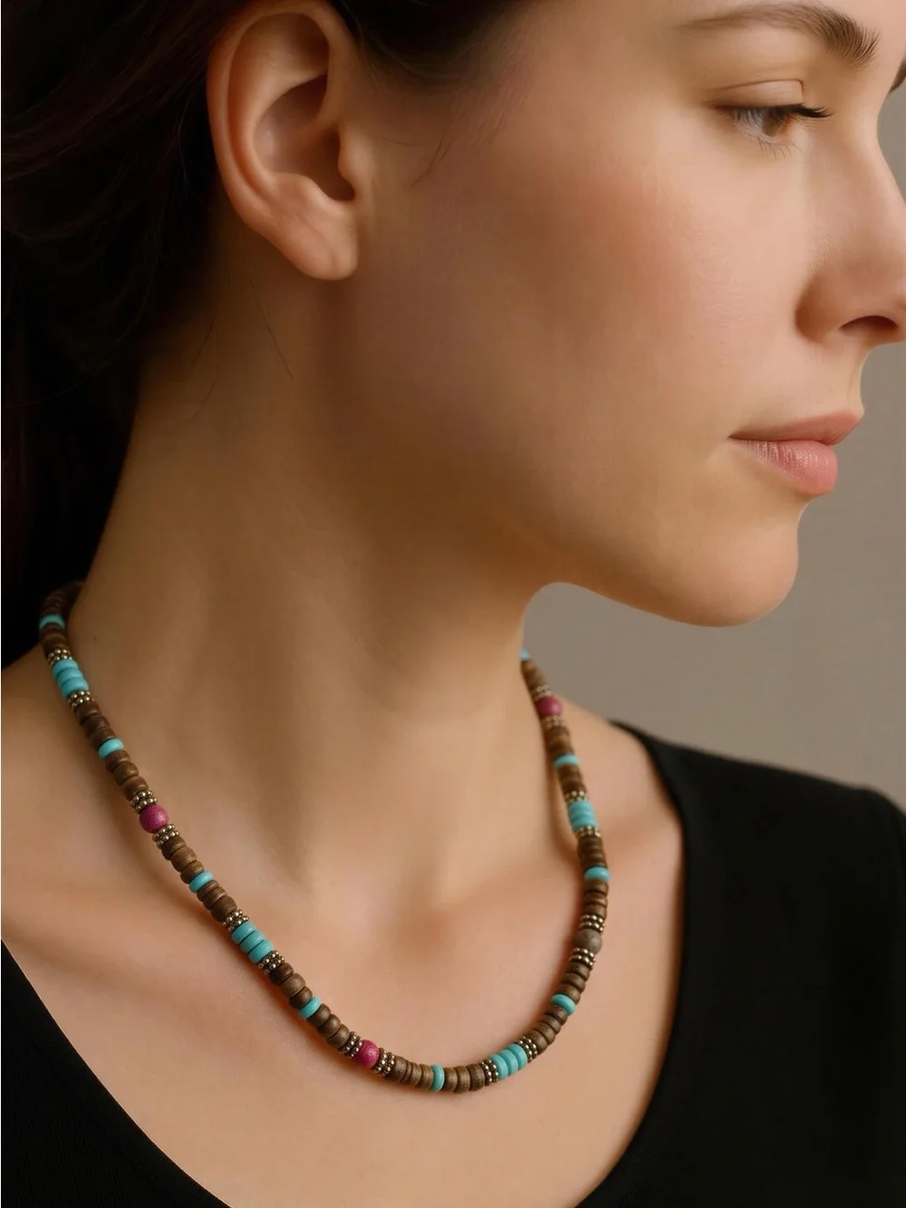 Handcrafted Brown Wood Bead necklace set with Turquoise and Pink Accents